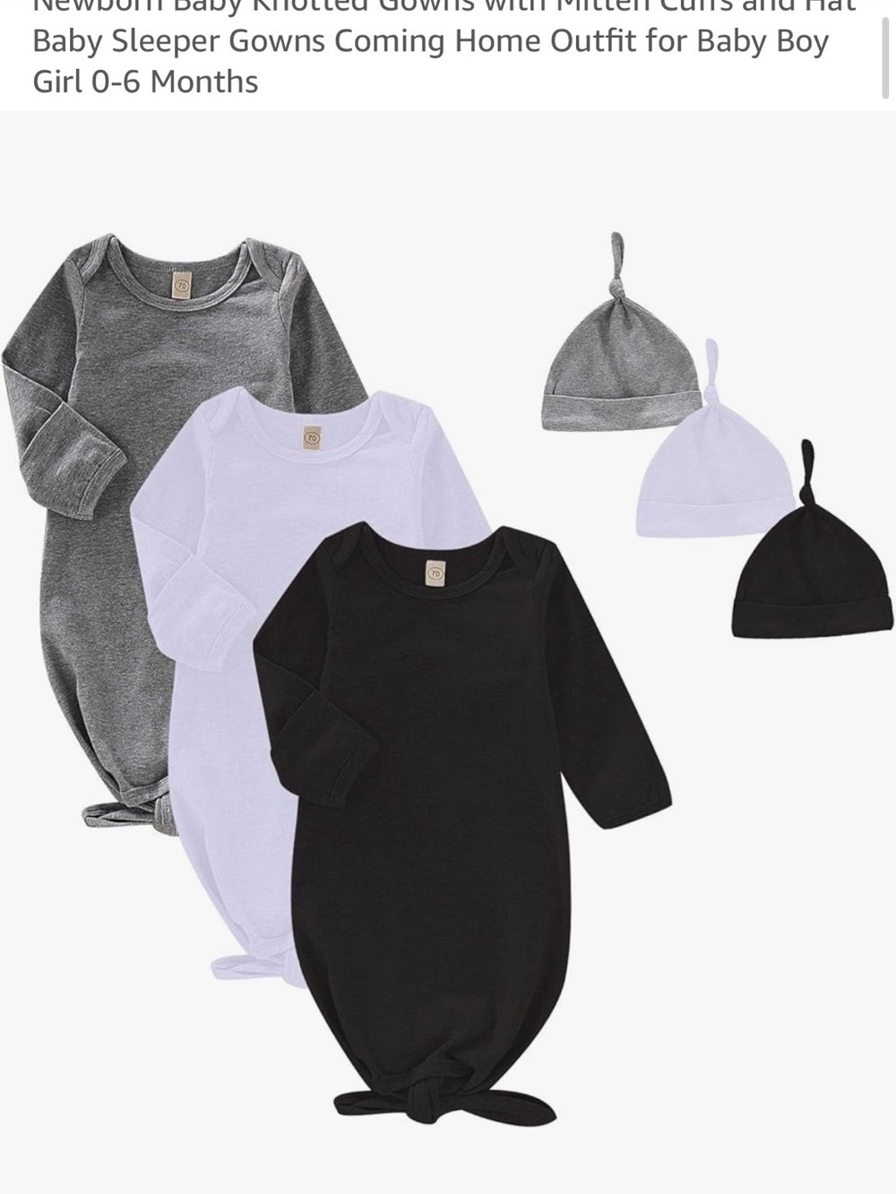Amazon Baby Knotted Gowns and Hats Set - Gray, White, Black